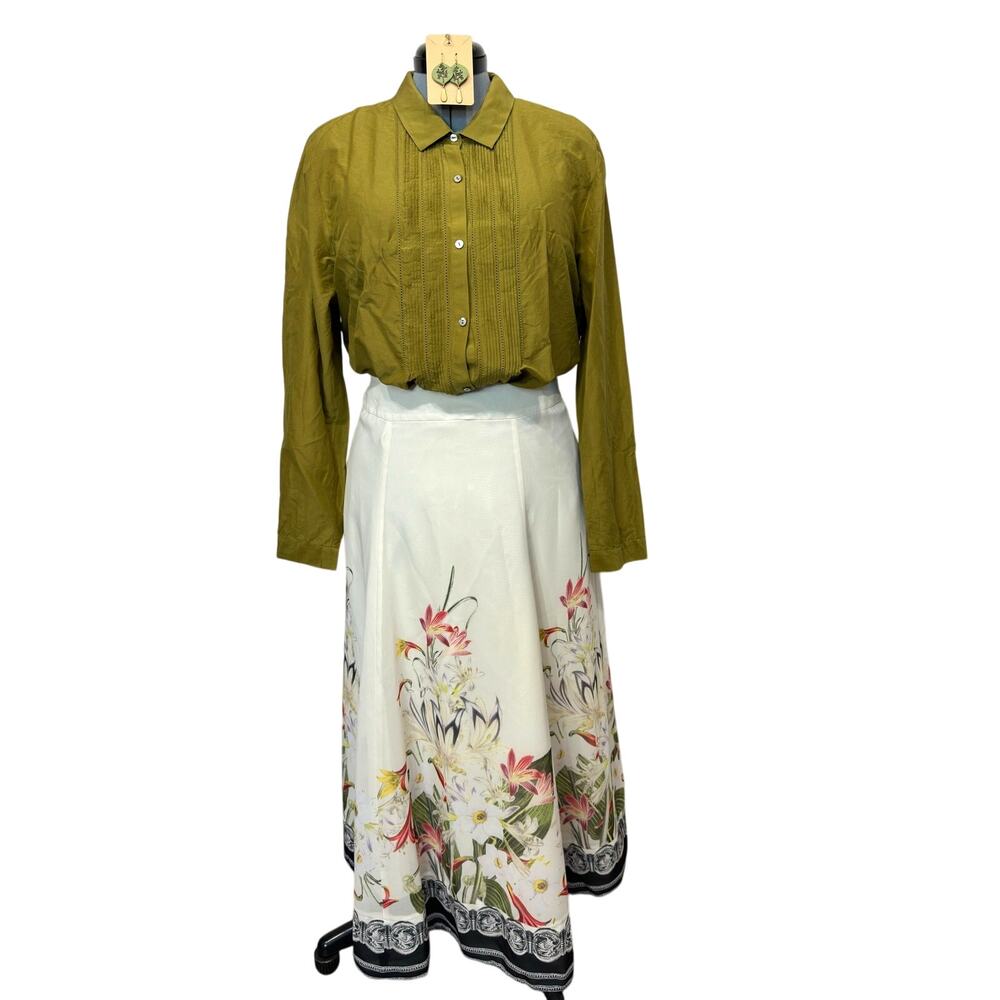 J. Jill Soft Silk Cotton Blend Pleated Front Button Up Blouse XL Olive Green